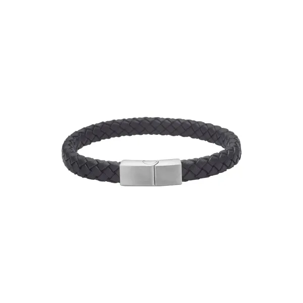 St&aring;l armb&aring;nd i svart flettet l&aelig;r - 8mm 