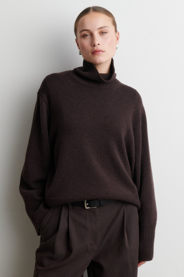 Alpha Knit T-Neck - Dark Brown Melange - Image 2