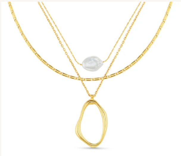 Organic Oval & Pearl 3-Row Necklace  - Image 1