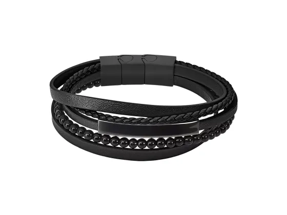 Armb&aring;nd i skinn og st&aring;l, svart og svart