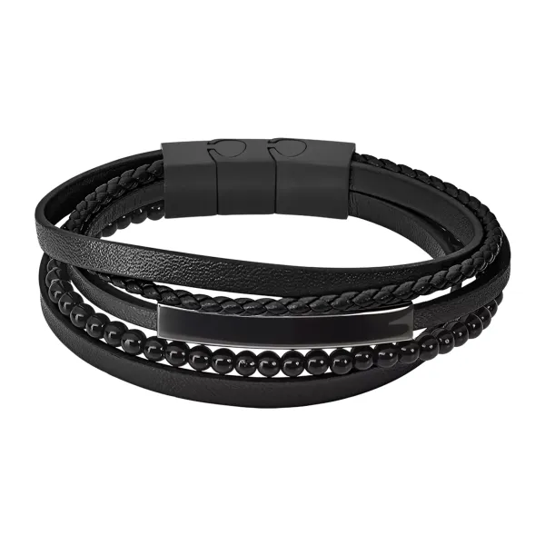 Armb&aring;nd i skinn og st&aring;l, svart og svart