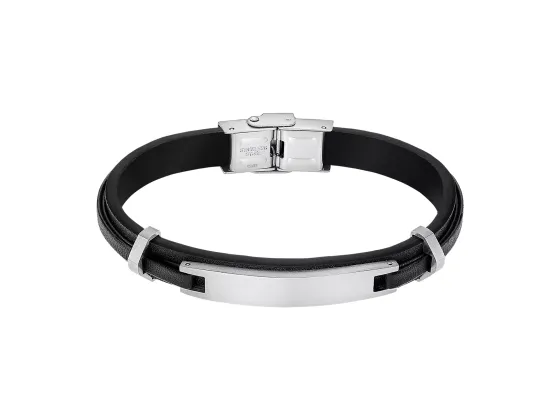 Armb&aring;nd i skinn og st&aring;l, svart m. graveringsfelt