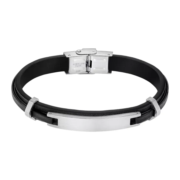 Armb&aring;nd i skinn og st&aring;l, svart m. graveringsfelt