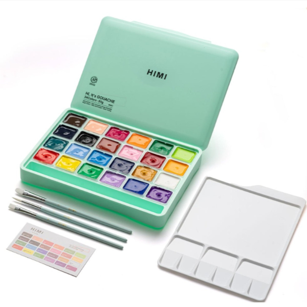 HIMI Jelly Cup Gouache Sett 24stk + 3 pensler - Grø - Image 1