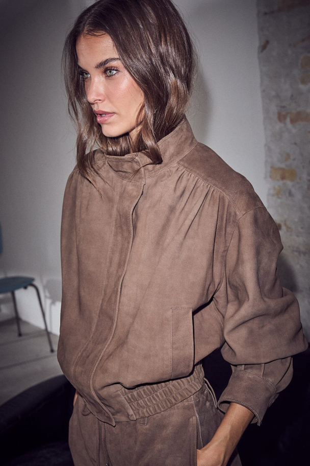 Suede Gather Crop Jacket - Walnut - Image 3