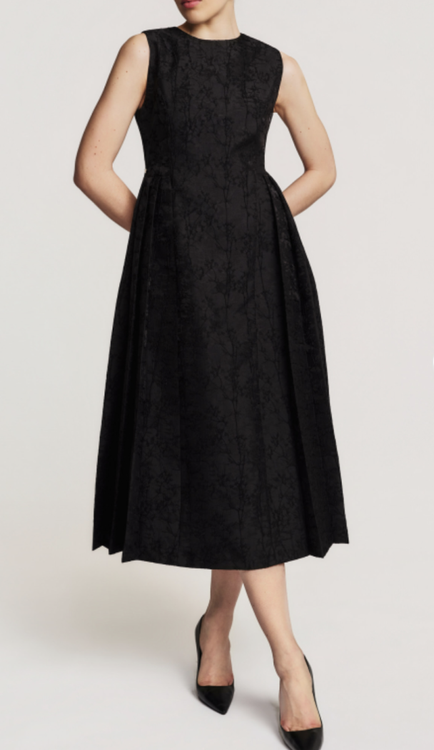 Brocade Pleated Midi Dress - Black - Image 1