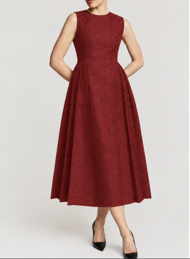 Brocade Pleated Midi Dress - Cherry - Image 1