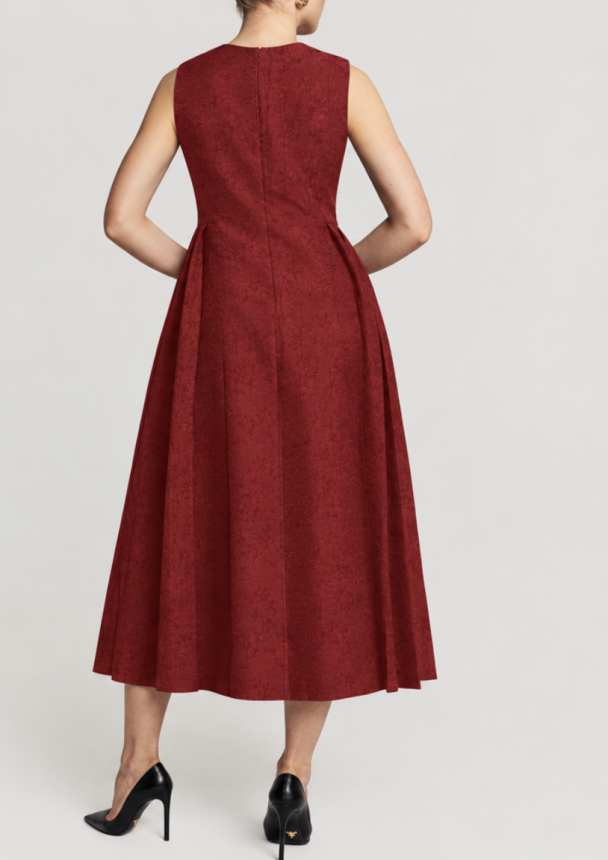 Brocade Pleated Midi Dress - Cherry - Image 2