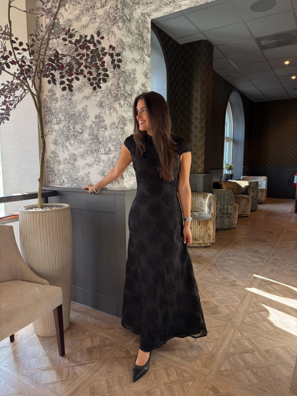 Flower Mesh Maxi Dress – Black - Image 1