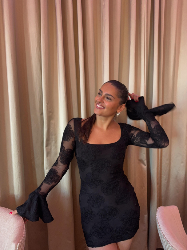 Flower Mesh LS Mini Dress – Black - Image 3