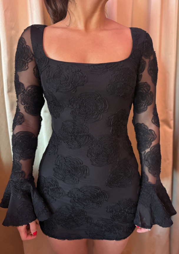 Flower Mesh LS Mini Dress – Black - Image 1