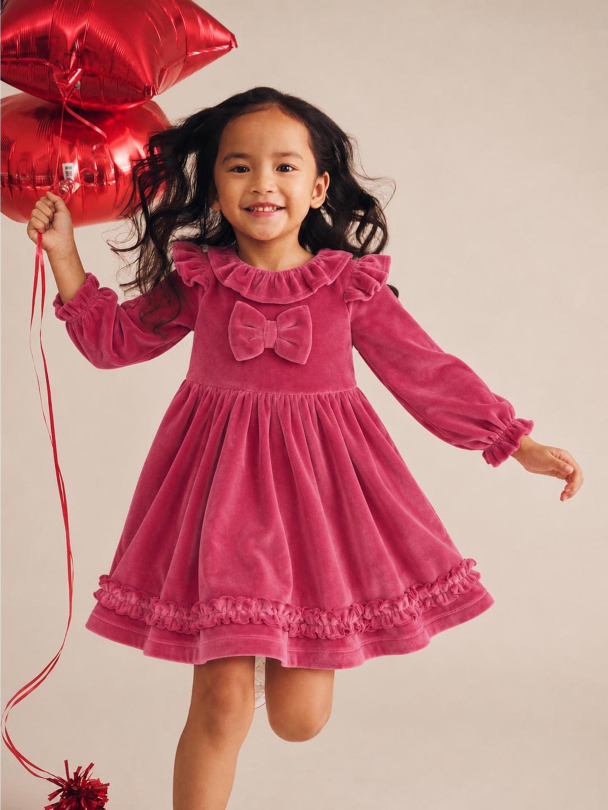 Velour Bow Frill Dress - Cherry - Image 4