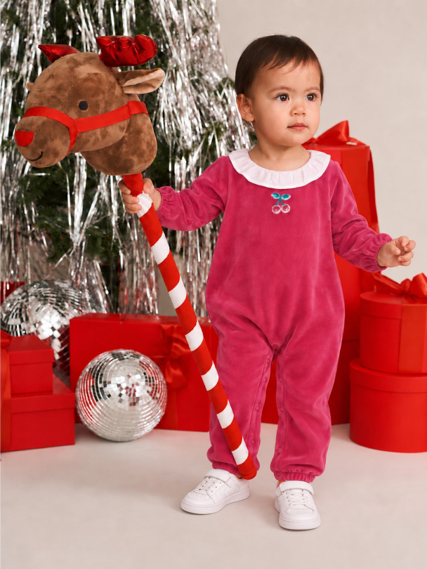 Velour Cherry Frill Neck Romper - Cherry - Image 3