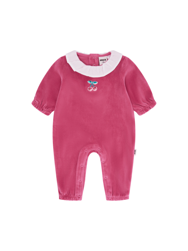 Velour Cherry Frill Neck Romper - Cherry - Image 1