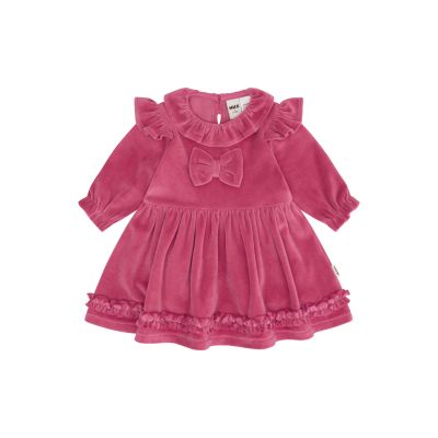 Velour Bow Frill Dress - Cherry