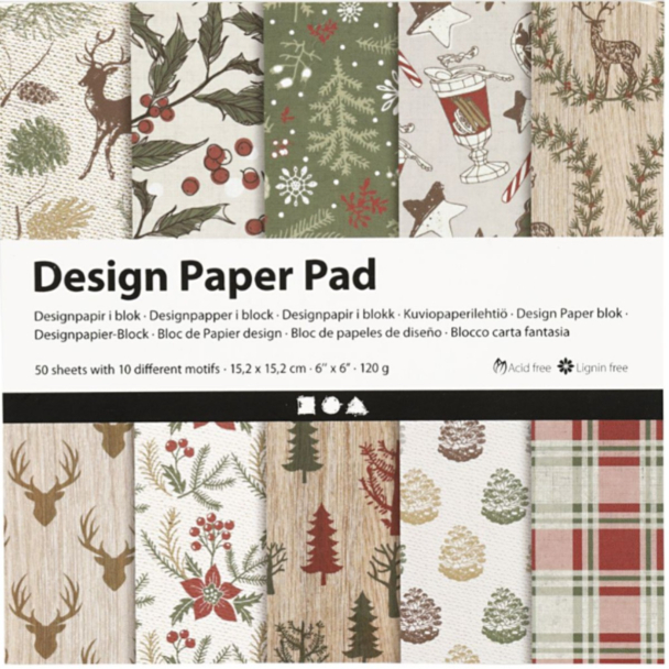 Blokk med designpapir - 50 ark - 15,2x15,2 cm, jul, 120 g, beige, rød