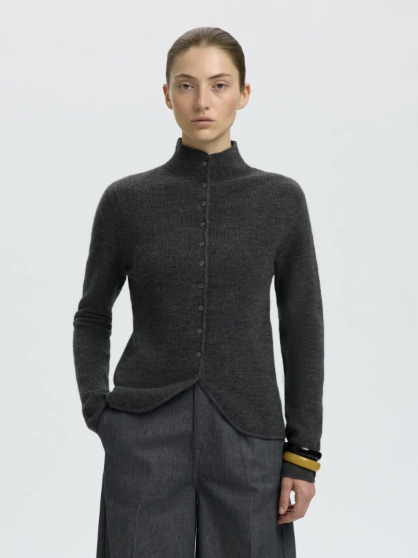 Petra Knit High Neck Cardigan - Medium Grey Melange - Image 2